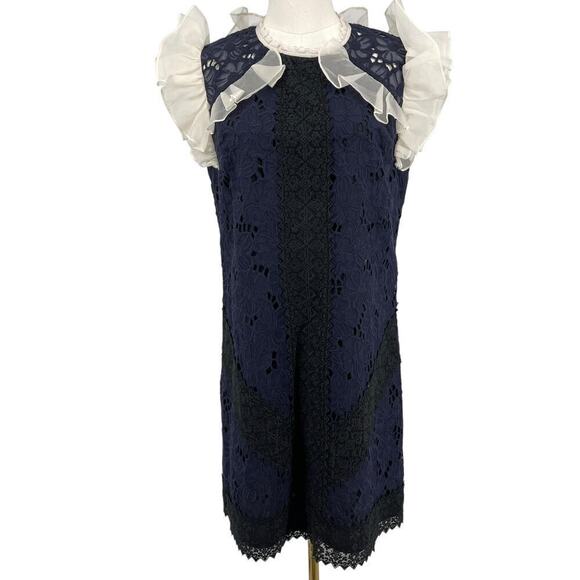 Rebecca Taylor Dresses & Skirts - Rebecca Taylor Women's High Neck Ruffle Lace Dress Size 6 Navy Ivory OOAK